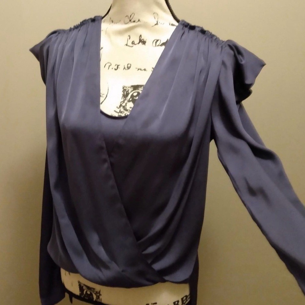 BCBGMAXAZRIA Bluestone Draped Surplice Puff Shoulder Blouse Small CIV1178779-034